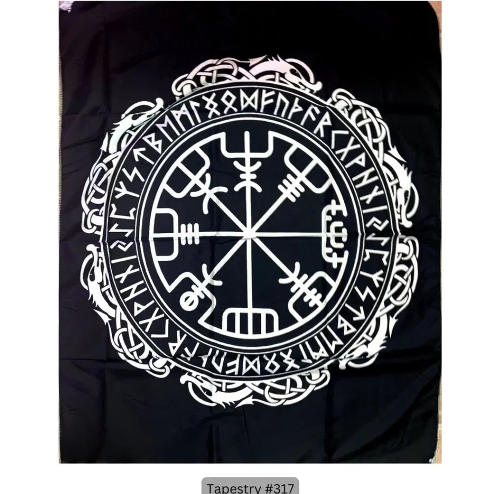 Viking Compass Rune Tapestry Wall Hanging Black White Norse Mythology Decor